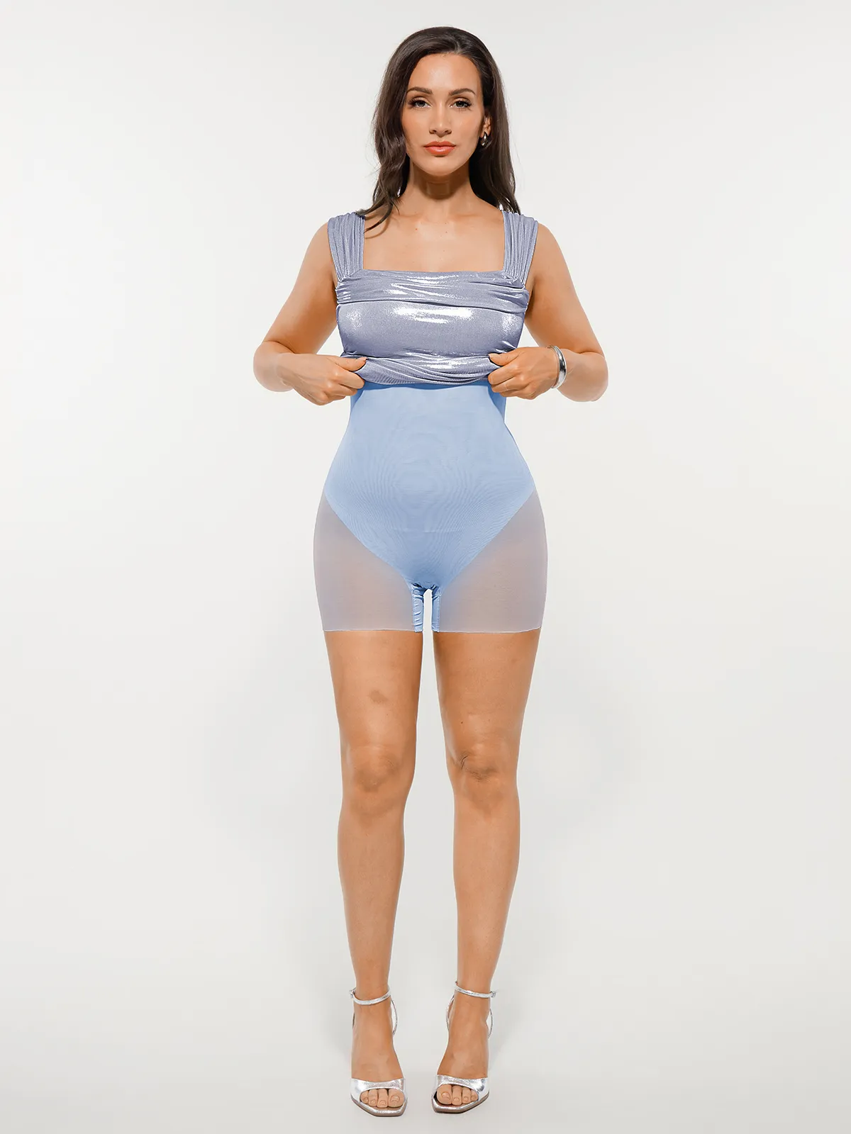 Metallic Off-The Shoulder Ruched Sculpting Tummy Control Mini Dress - Image 21