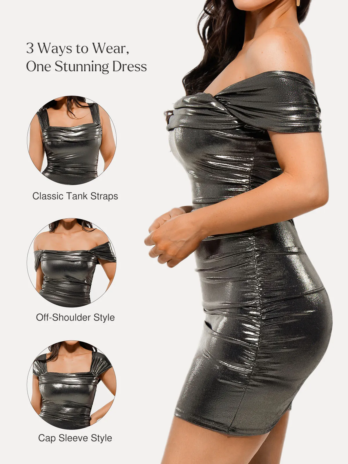 Metallic Off-The Shoulder Ruched Sculpting Tummy Control Mini Dress - Image 33