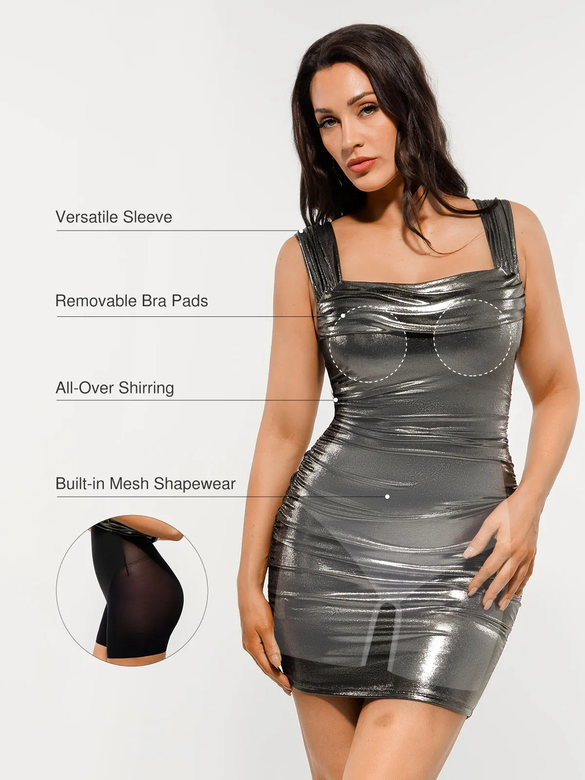 Metallic Off-The Shoulder Ruched Sculpting Tummy Control Mini Dress - Image 34