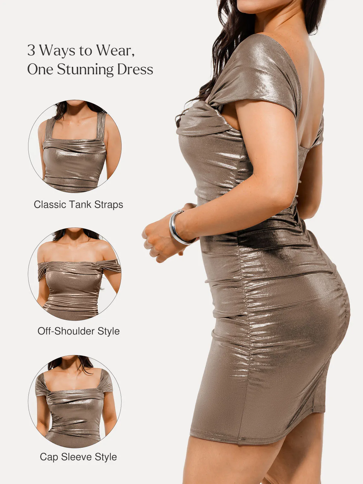 Metallic Off-The Shoulder Ruched Sculpting Tummy Control Mini Dress - Image 44