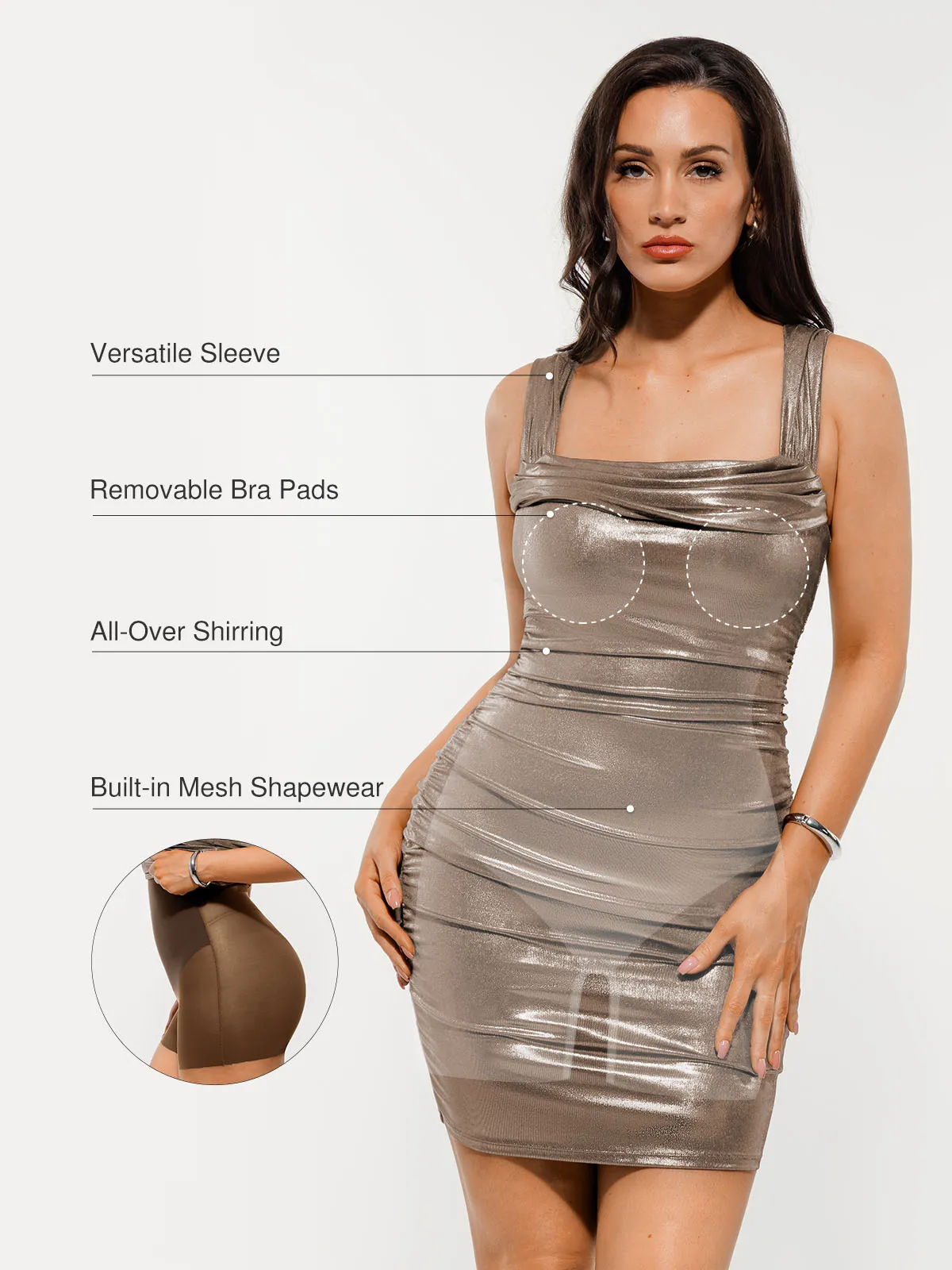 Metallic Off-The Shoulder Ruched Sculpting Tummy Control Mini Dress - Image 45