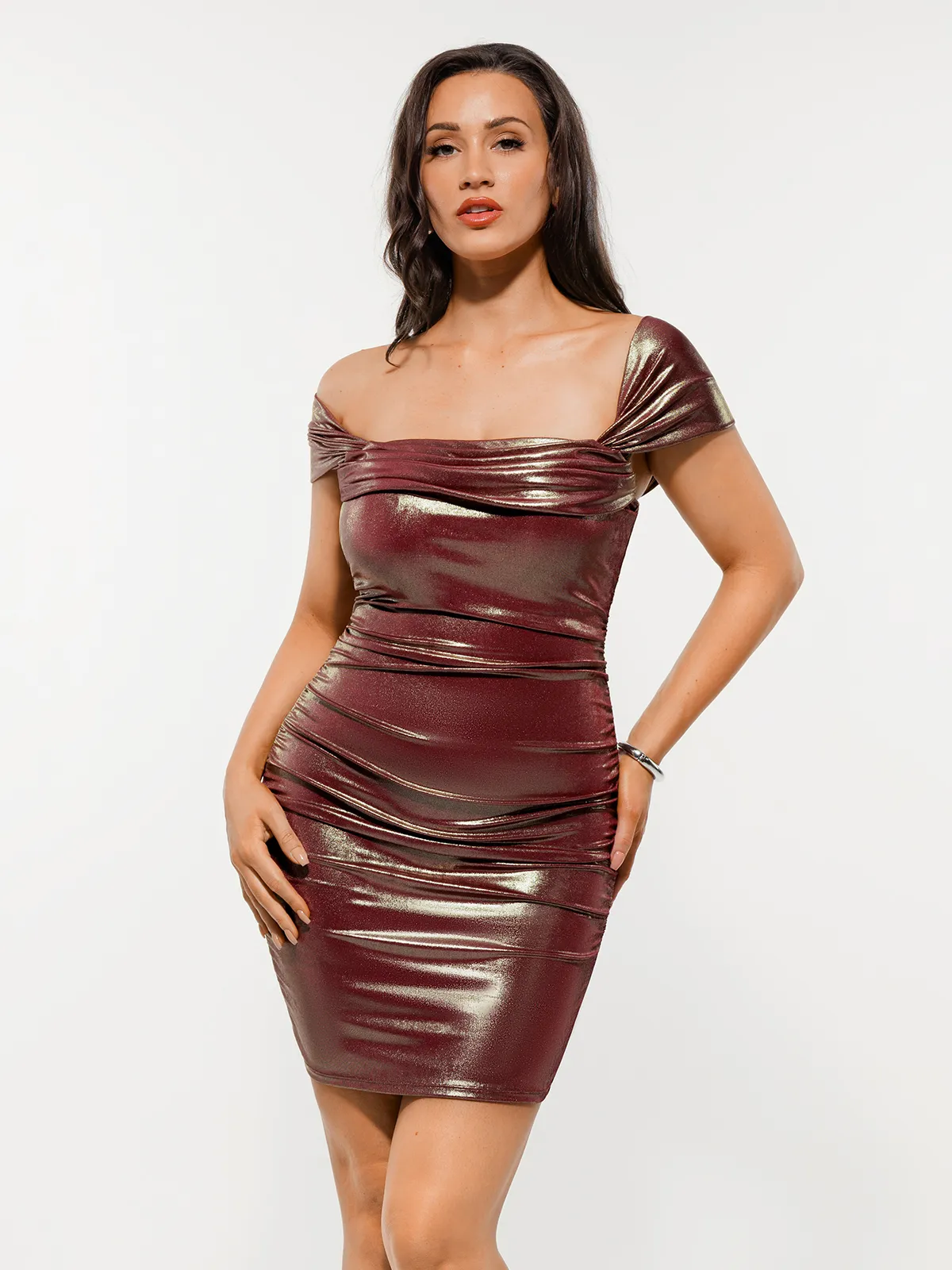 Metallic Off-The Shoulder Ruched Sculpting Tummy Control Mini Dress - Image 54