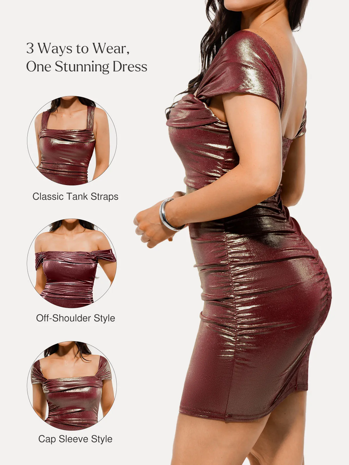 Metallic Off-The Shoulder Ruched Sculpting Tummy Control Mini Dress - Image 55