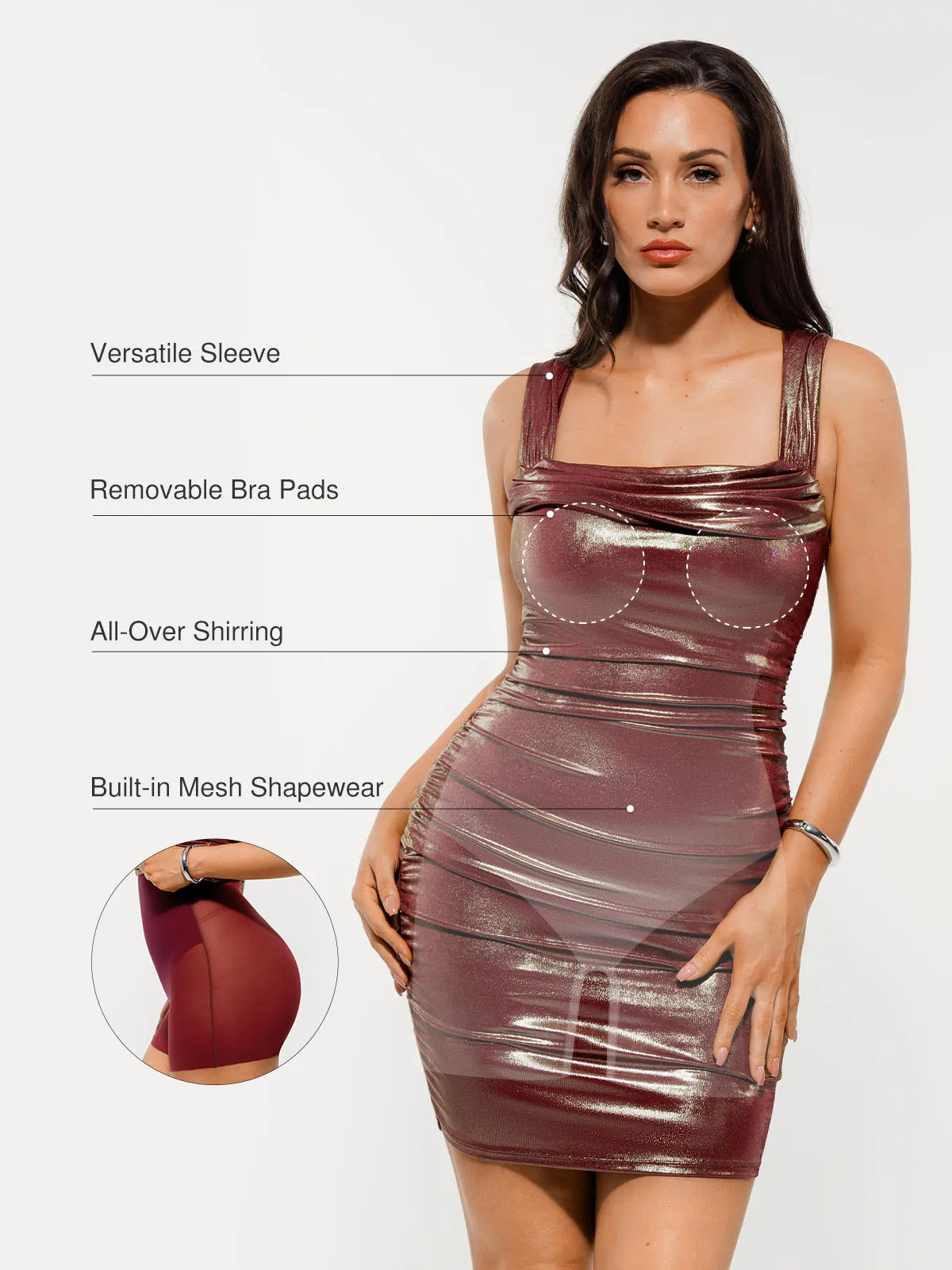 Metallic Off-The Shoulder Ruched Sculpting Tummy Control Mini Dress - Image 56
