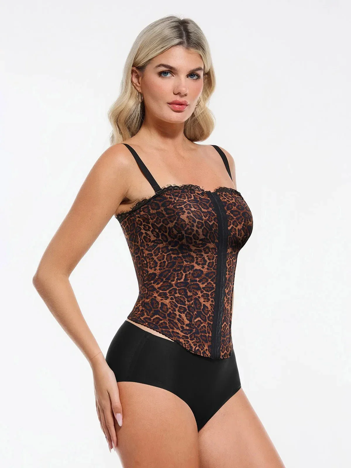 Shapewear Sculpting Leopard Mesh Detachable Strap Corset Top - Image 4