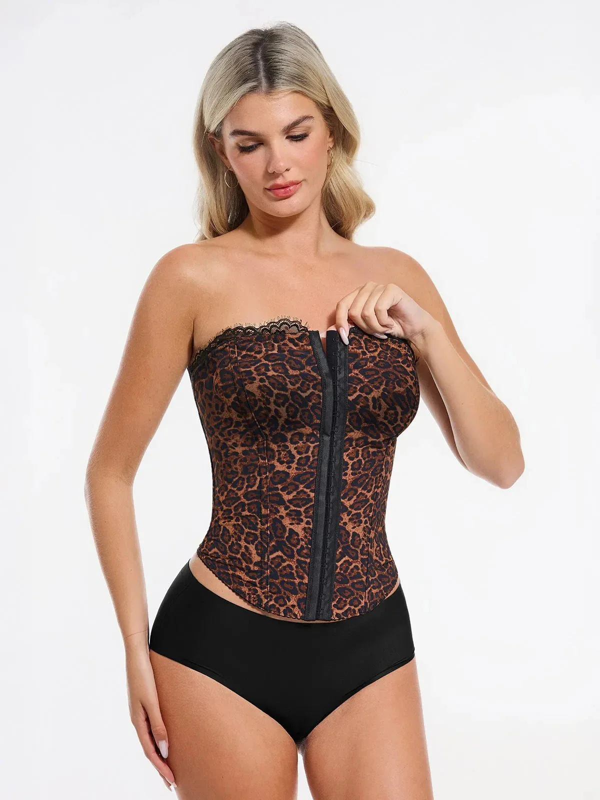Shapewear Sculpting Leopard Mesh Detachable Strap Corset Top - Image 6