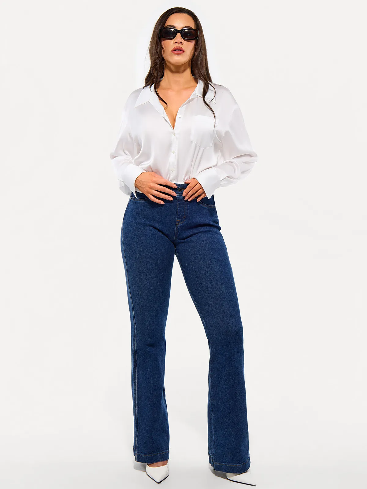 Poplin Long Sleeve Silky Shirt Tummy Control Bodysuit - Image 10