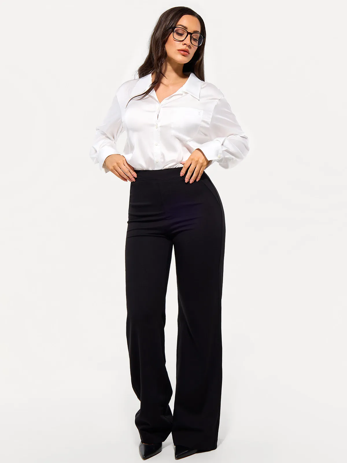 Poplin Long Sleeve Silky Shirt Tummy Control Bodysuit - Image 11