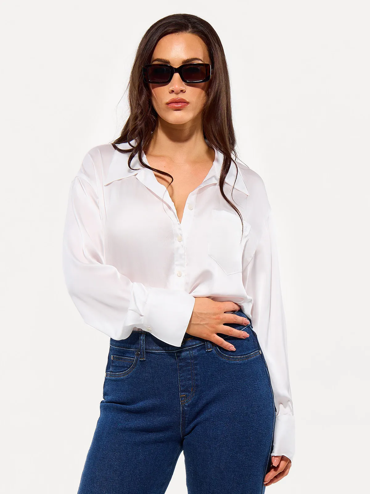 Poplin Long Sleeve Silky Shirt Tummy Control Bodysuit - Image 7