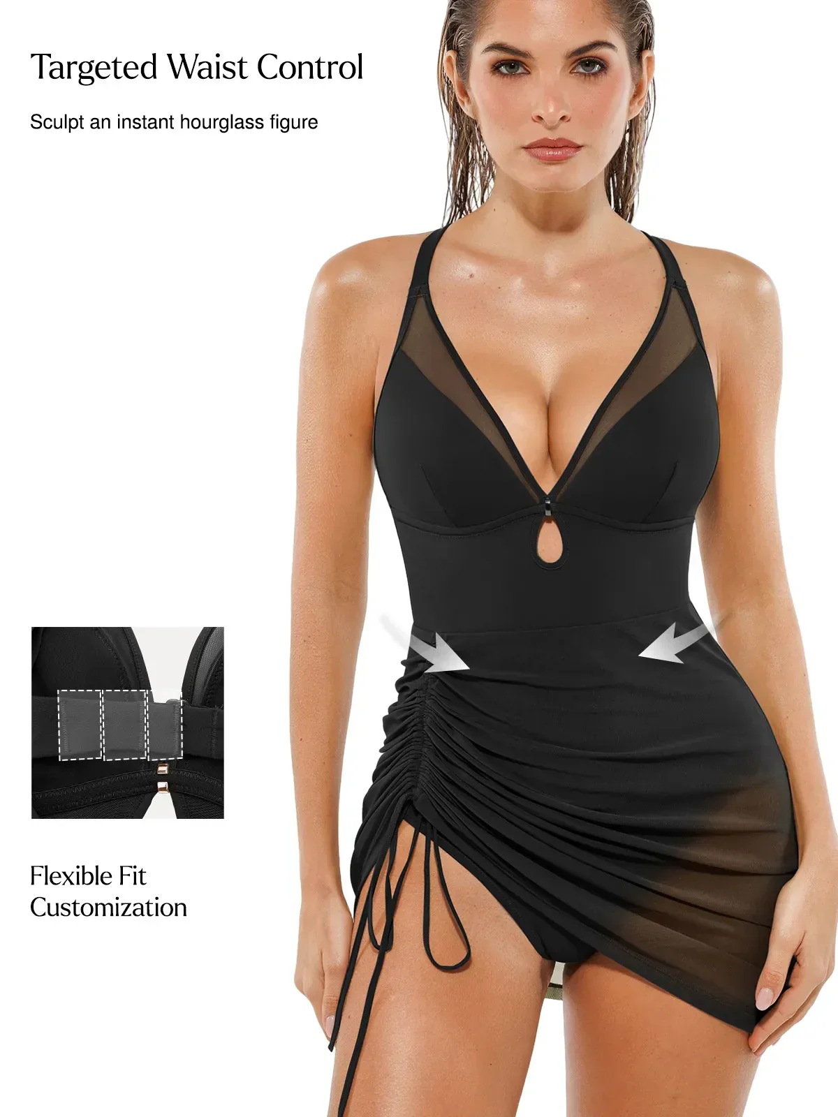 Sculpting Curve Mesh Skirt One-Piece Swimsuit - Image 43