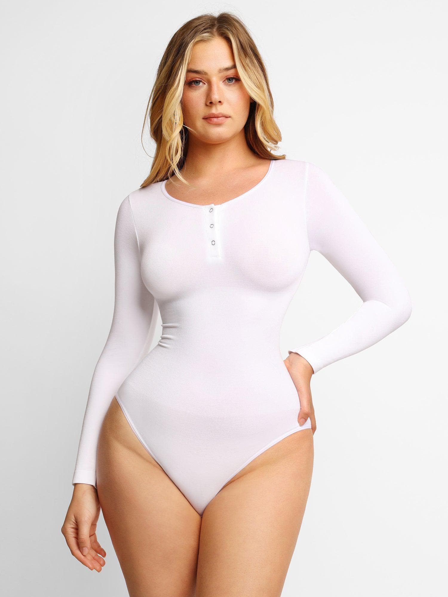 Shapewear Seamless Modal Long Sleeve Henley Bodysuit - Image 23