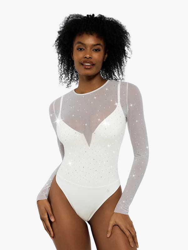 Sequin Cowl Neck Chain Detail Sculpting Bodysuit - Image 21