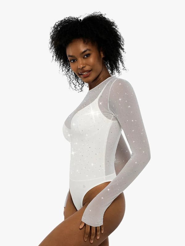 Sequin Cowl Neck Chain Detail Sculpting Bodysuit - Image 23
