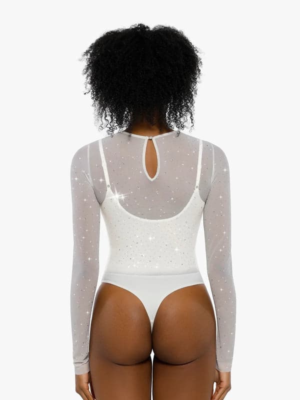 Sequin Cowl Neck Chain Detail Sculpting Bodysuit - Image 24