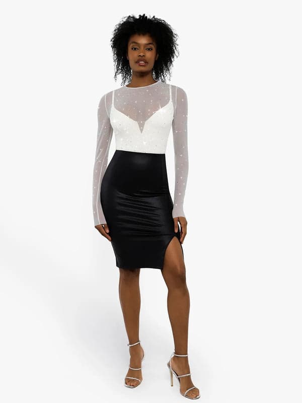 Sequin Cowl Neck Chain Detail Sculpting Bodysuit - Image 25