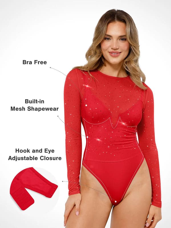 Sequin Cowl Neck Chain Detail Sculpting Bodysuit - Image 28