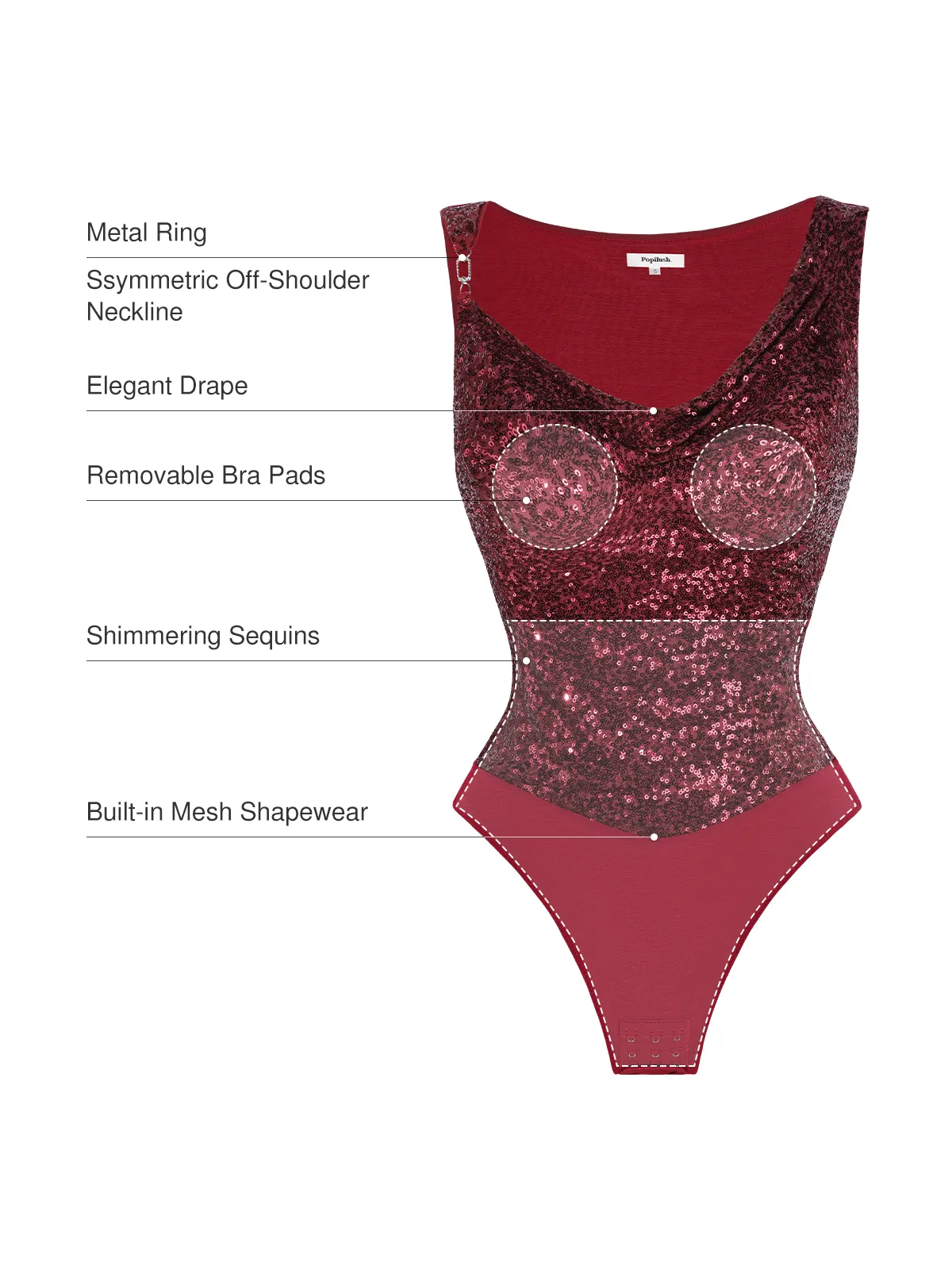 Sequin Cowl Neck Chain Detail Sculpting Bodysuit - Image 3