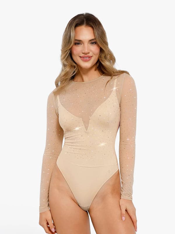 Sequin Cowl Neck Chain Detail Sculpting Bodysuit - Image 35