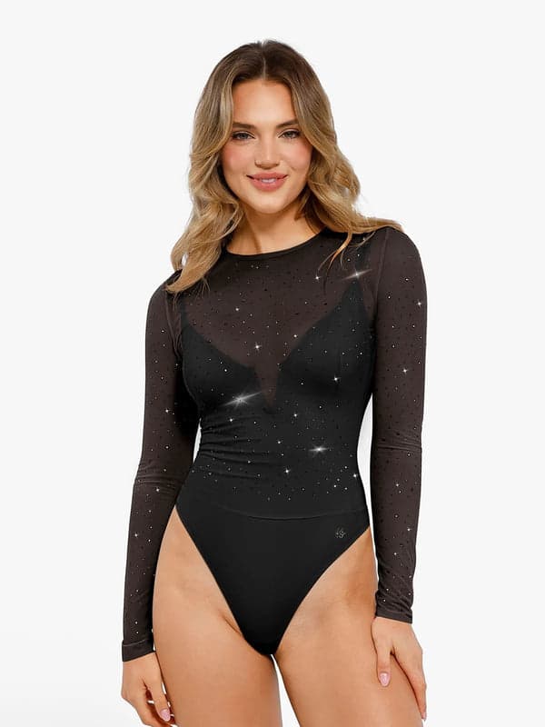 Sequin Cowl Neck Chain Detail Sculpting Bodysuit - Image 43
