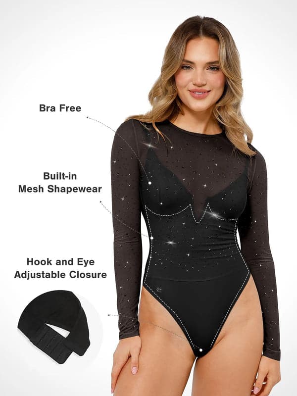 Sequin Cowl Neck Chain Detail Sculpting Bodysuit - Image 44