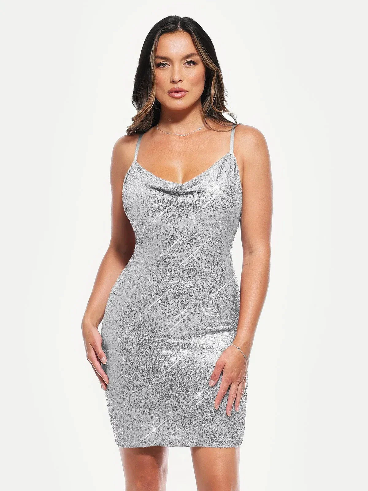 Sequin Cowl Neck Sculpting Mini Dress - Image 13