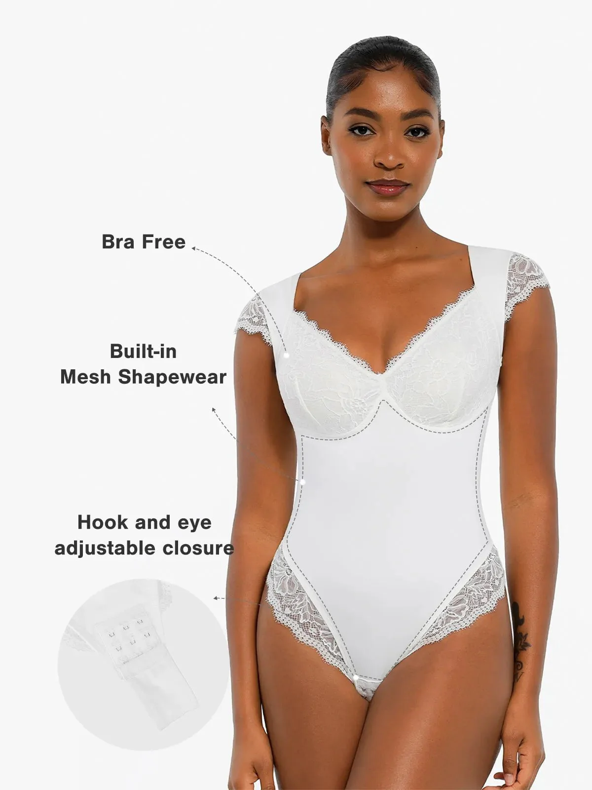 Sexy Shapewear Deep V Cap Sleeve Lace Bodysuit - Image 11