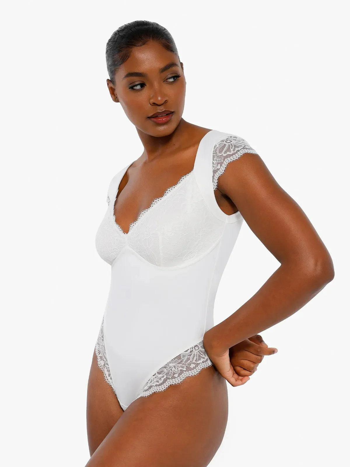 Sexy Shapewear Deep V Cap Sleeve Lace Bodysuit - Image 12