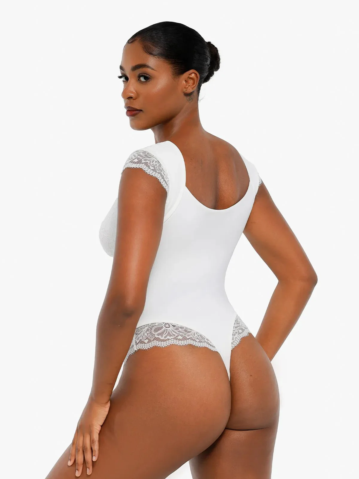 Sexy Shapewear Deep V Cap Sleeve Lace Bodysuit - Image 13