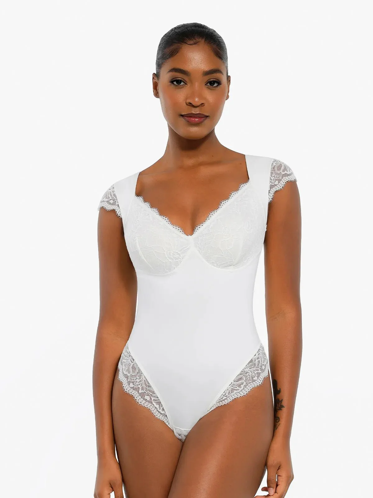 Sexy Shapewear Deep V Cap Sleeve Lace Bodysuit - Image 14