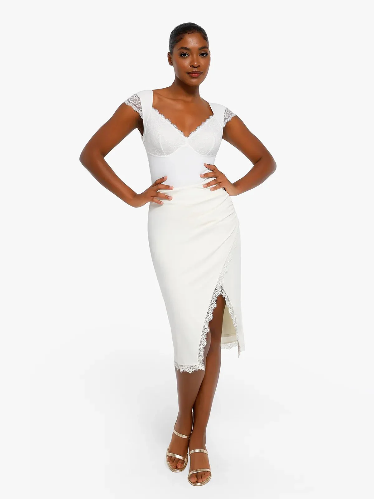 Sexy Shapewear Deep V Cap Sleeve Lace Bodysuit - Image 15