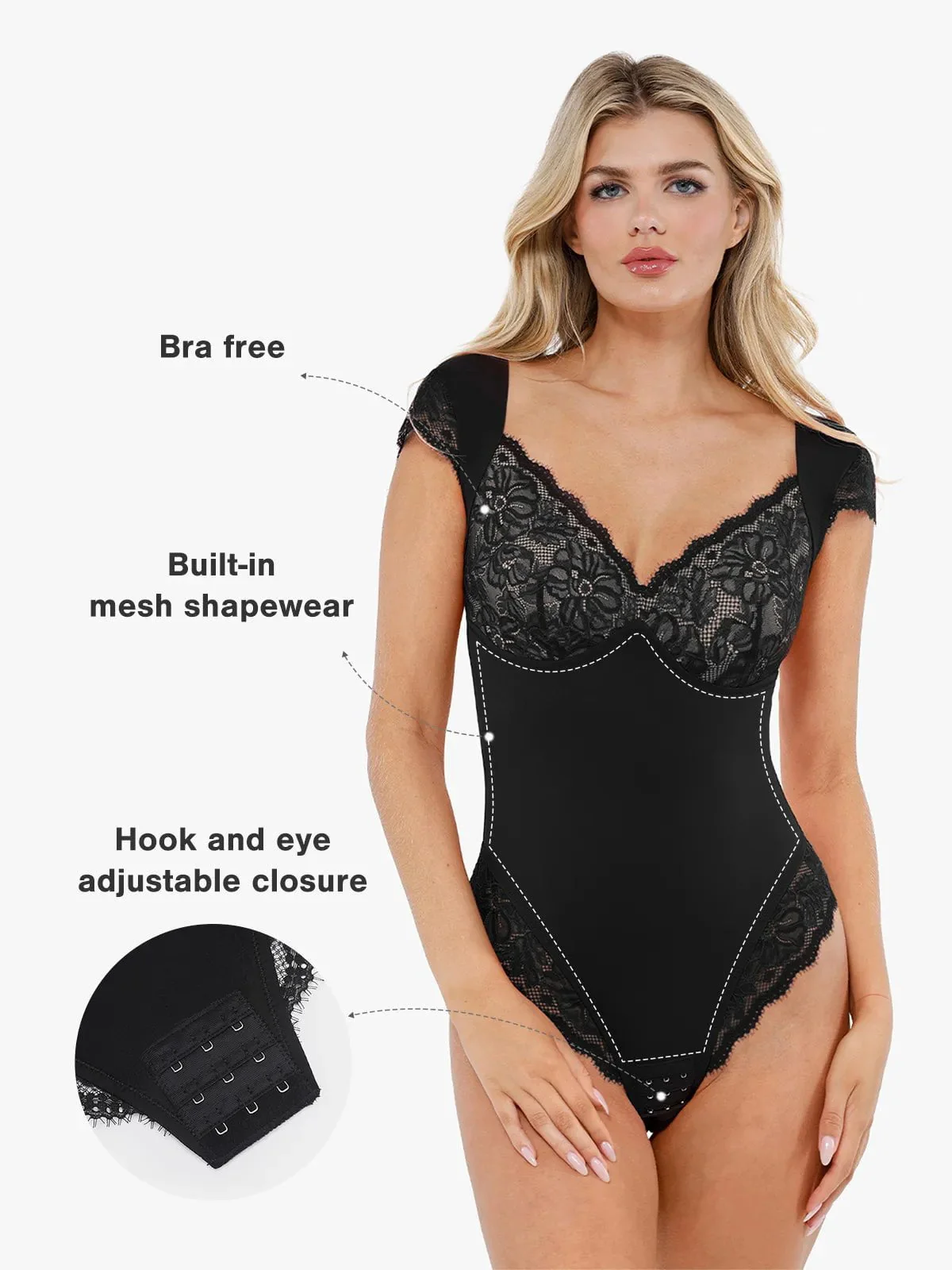 Sexy Shapewear Deep V Cap Sleeve Lace Bodysuit - Image 18
