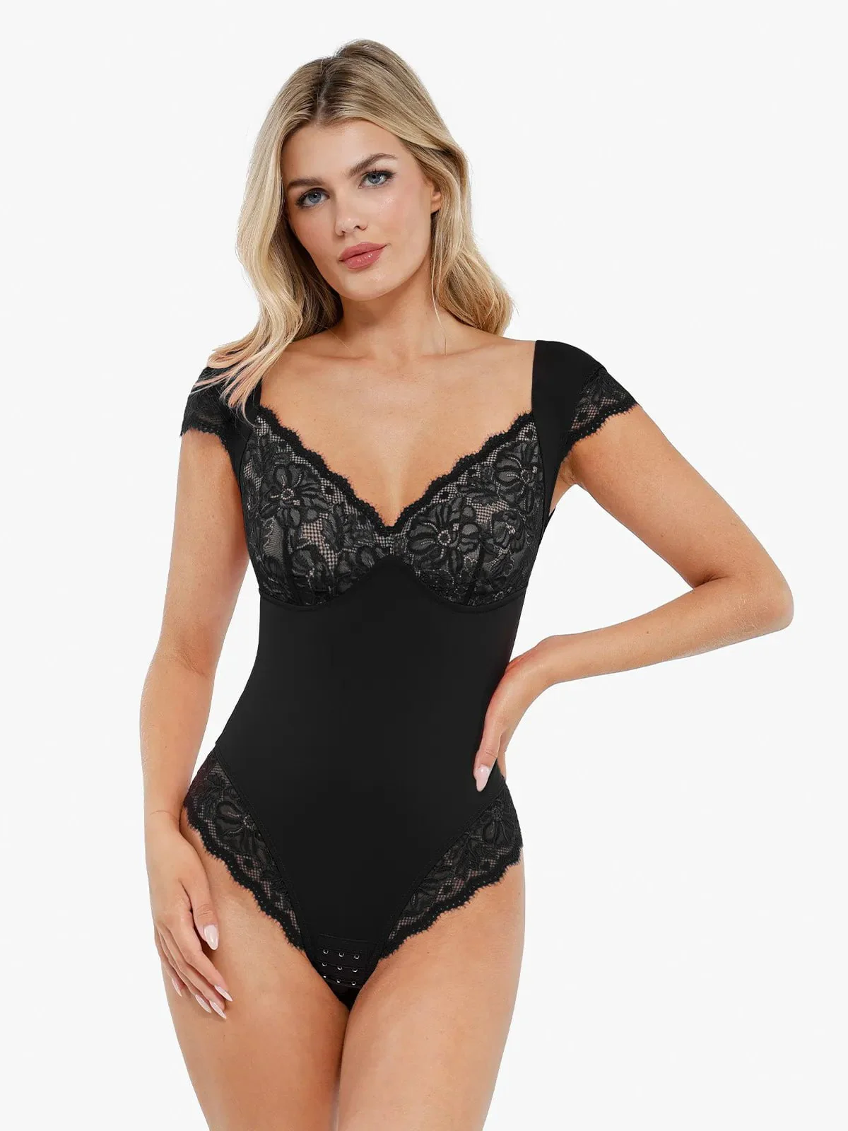 Sexy Shapewear Deep V Cap Sleeve Lace Bodysuit - Image 22