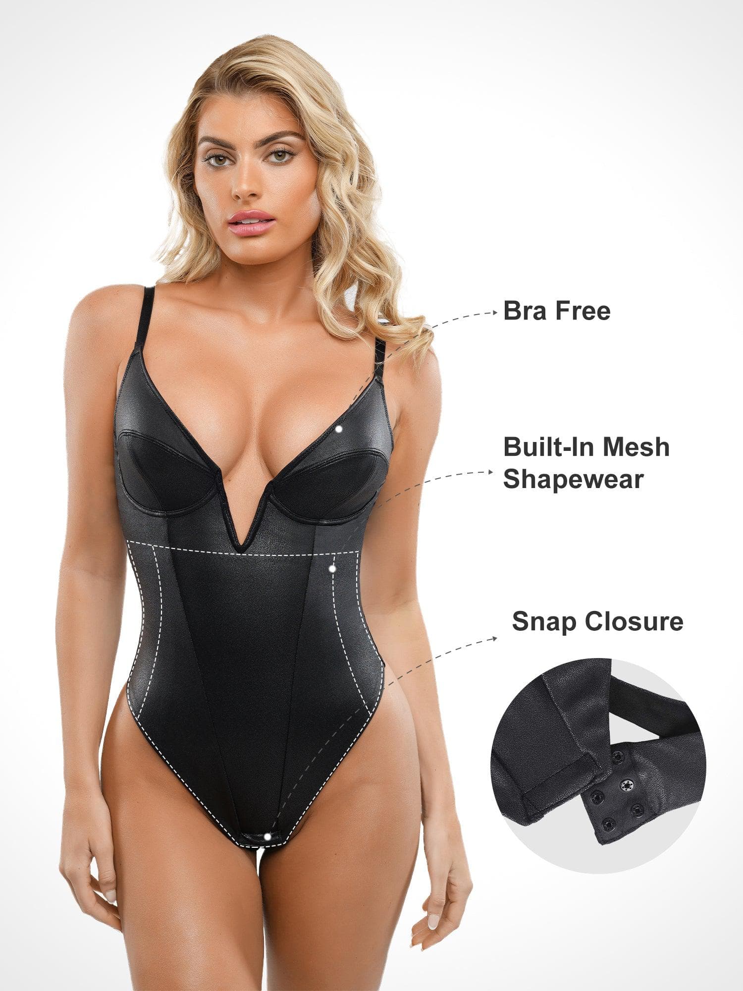 Shapewear Faux Leather Plunging V Sculpting Corset Bodysuit For Insiders - Image 2