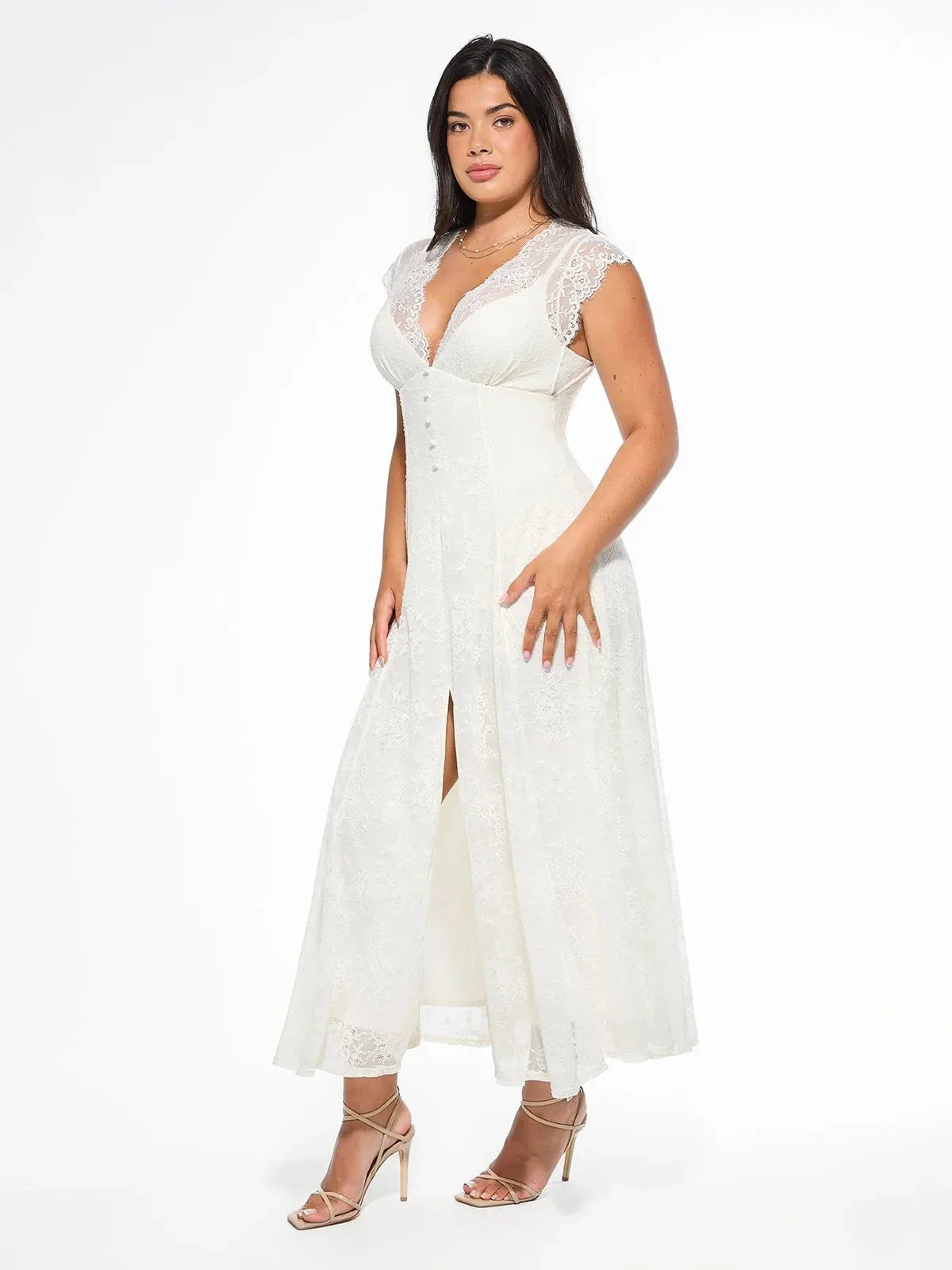 Shapewear Boho Floral Lace Front Slit Maxi Dress - Image 14
