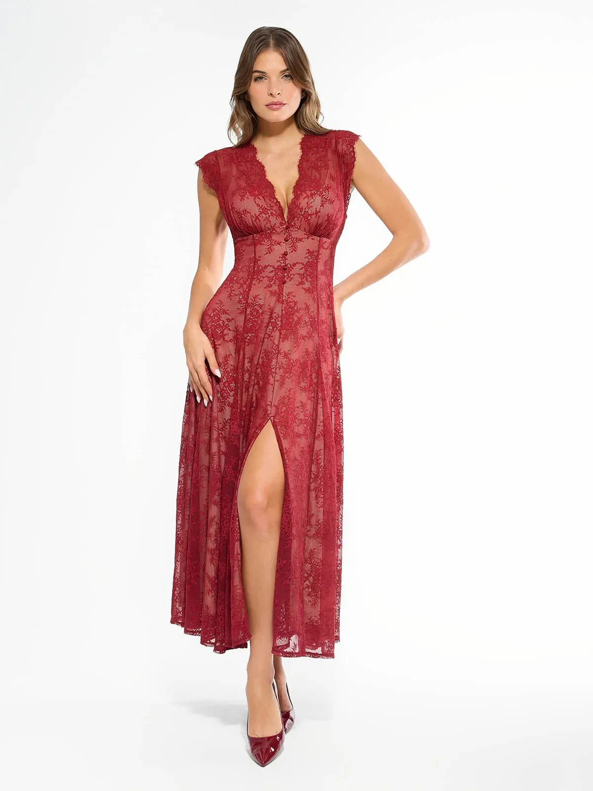 Shapewear Boho Floral Lace Front Slit Maxi Dress - Image 23