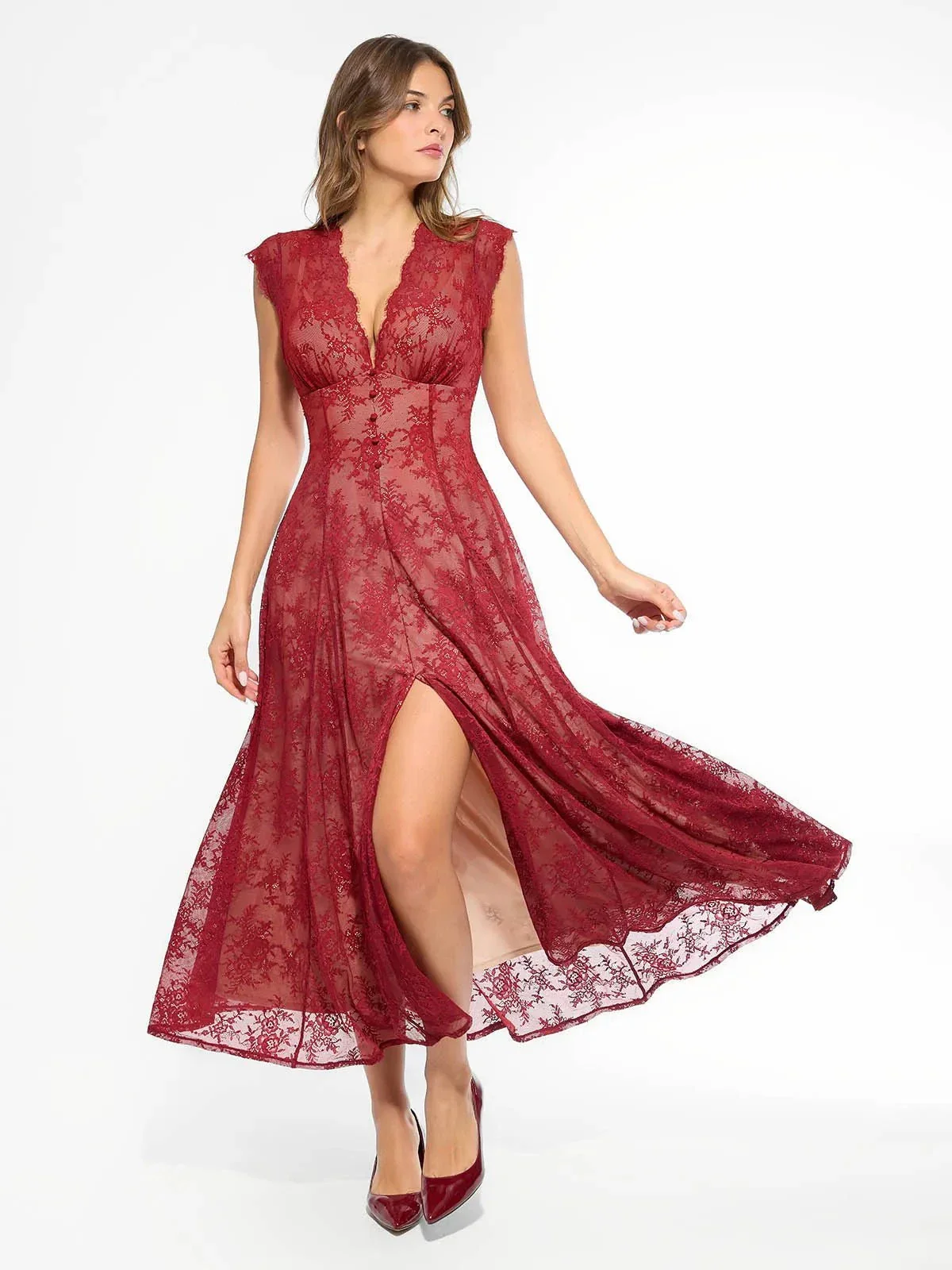 Shapewear Boho Floral Lace Front Slit Maxi Dress - Image 25