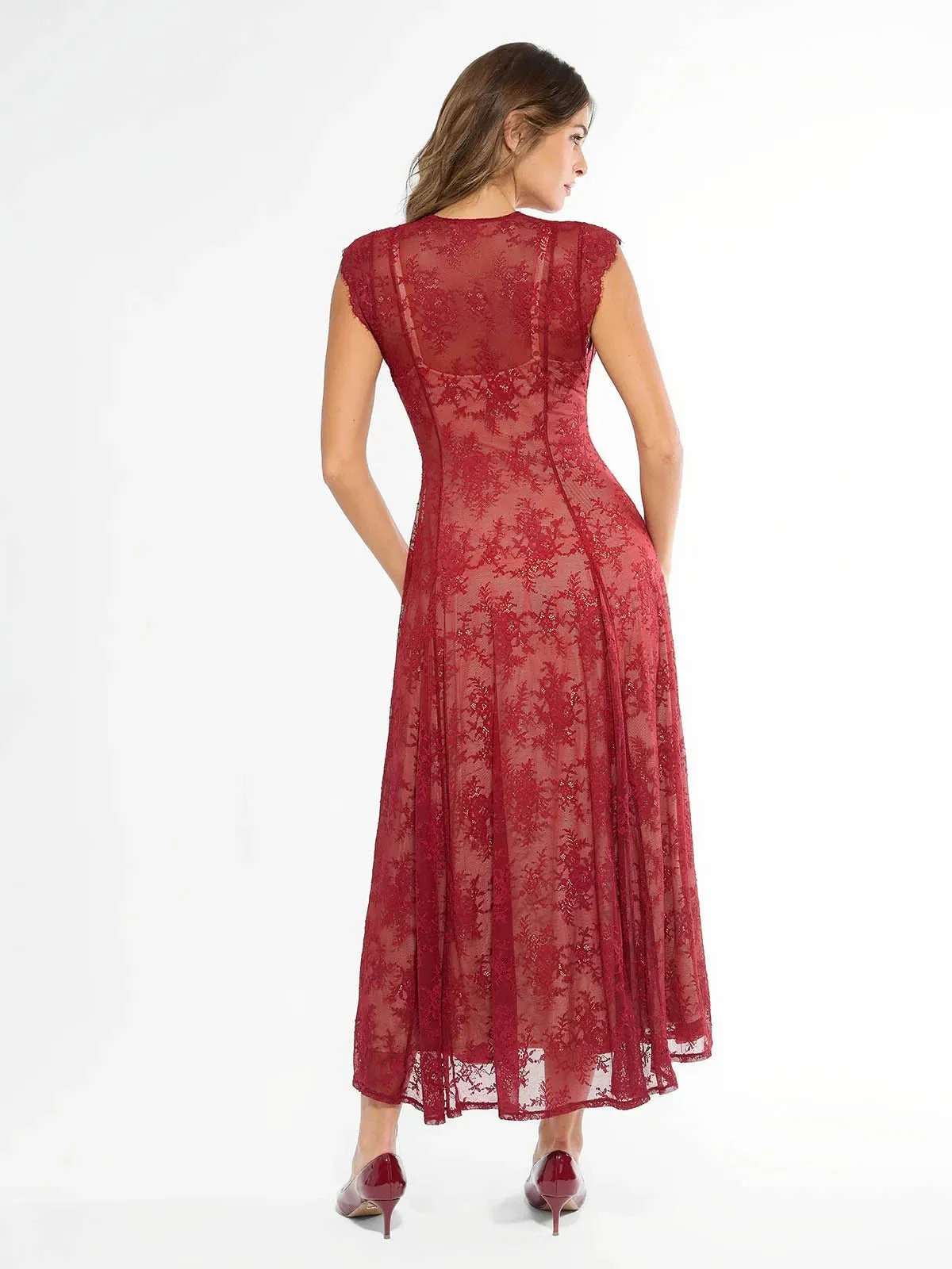 Shapewear Boho Floral Lace Front Slit Maxi Dress - Image 26