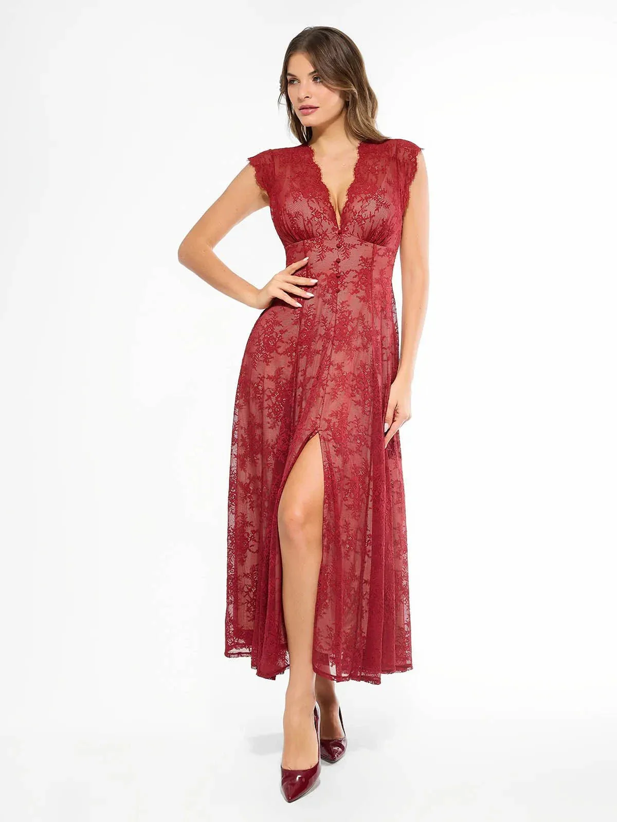 Shapewear Boho Floral Lace Front Slit Maxi Dress - Image 28