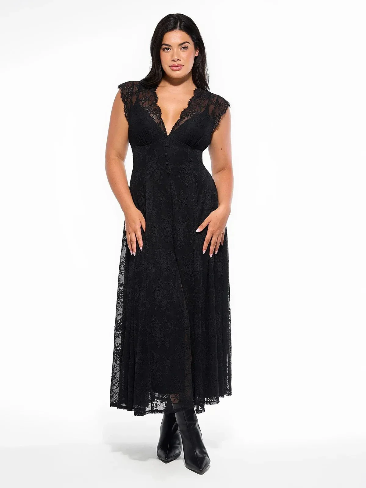 Shapewear Boho Floral Lace Front Slit Maxi Dress - Image 35