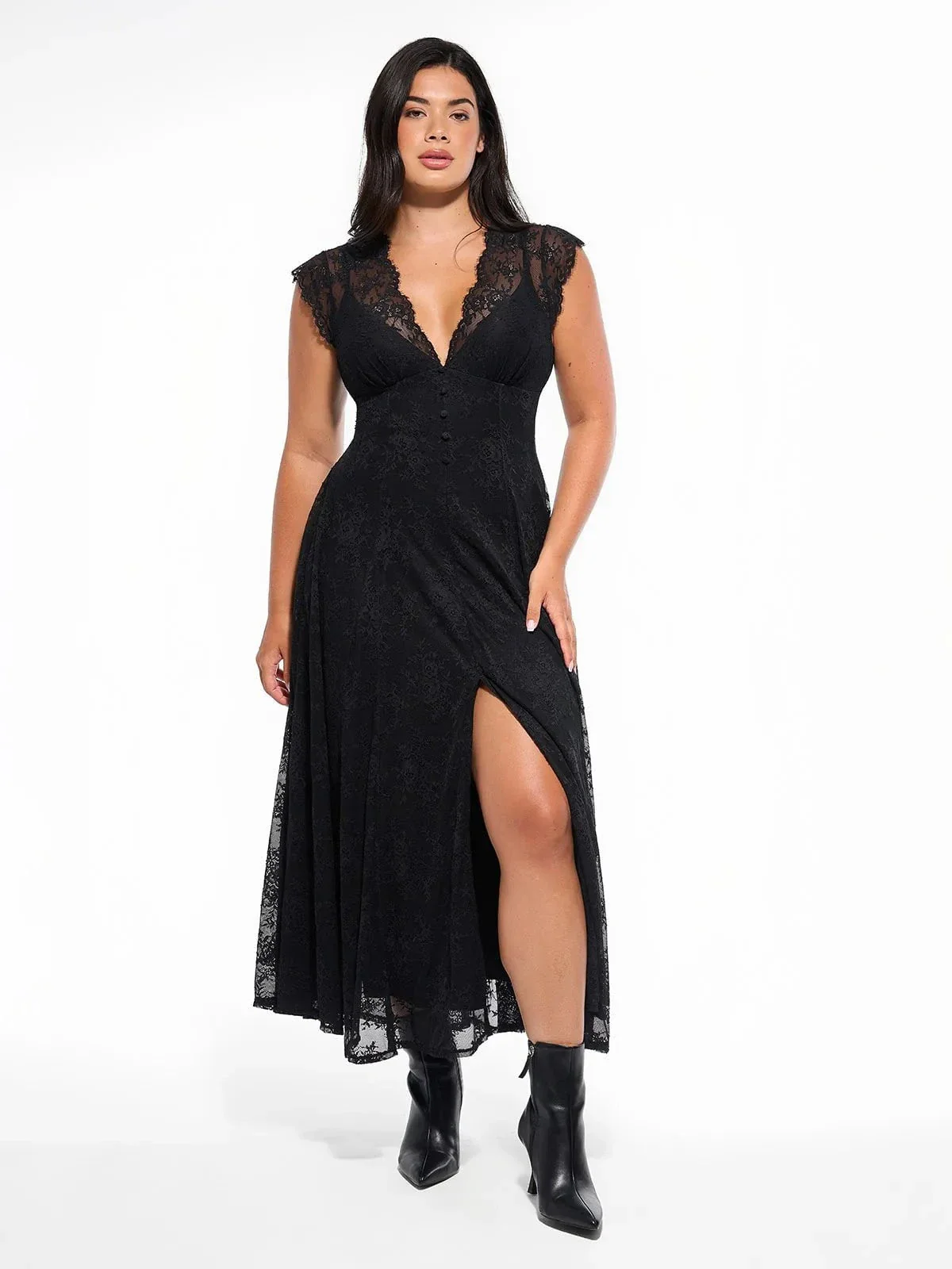 Shapewear Boho Floral Lace Front Slit Maxi Dress - Image 40