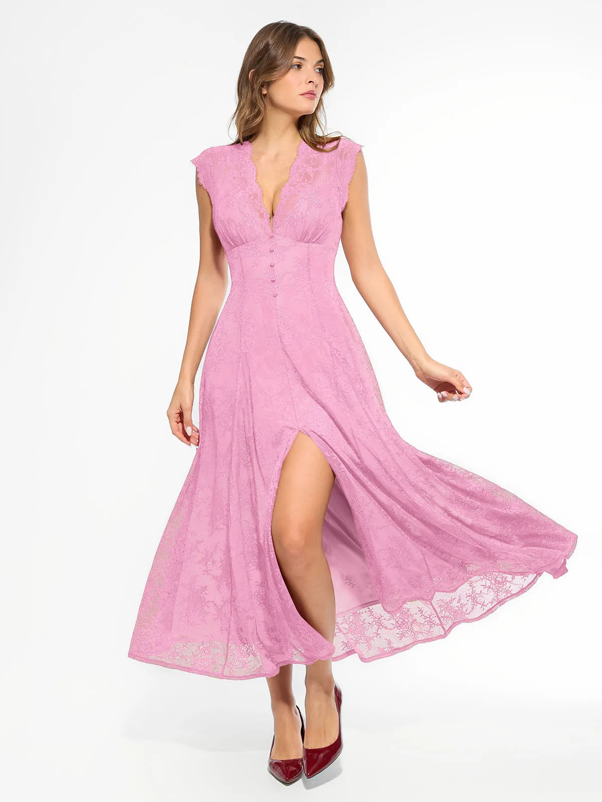 Shapewear Boho Floral Lace Front Slit Maxi Dress - Image 50