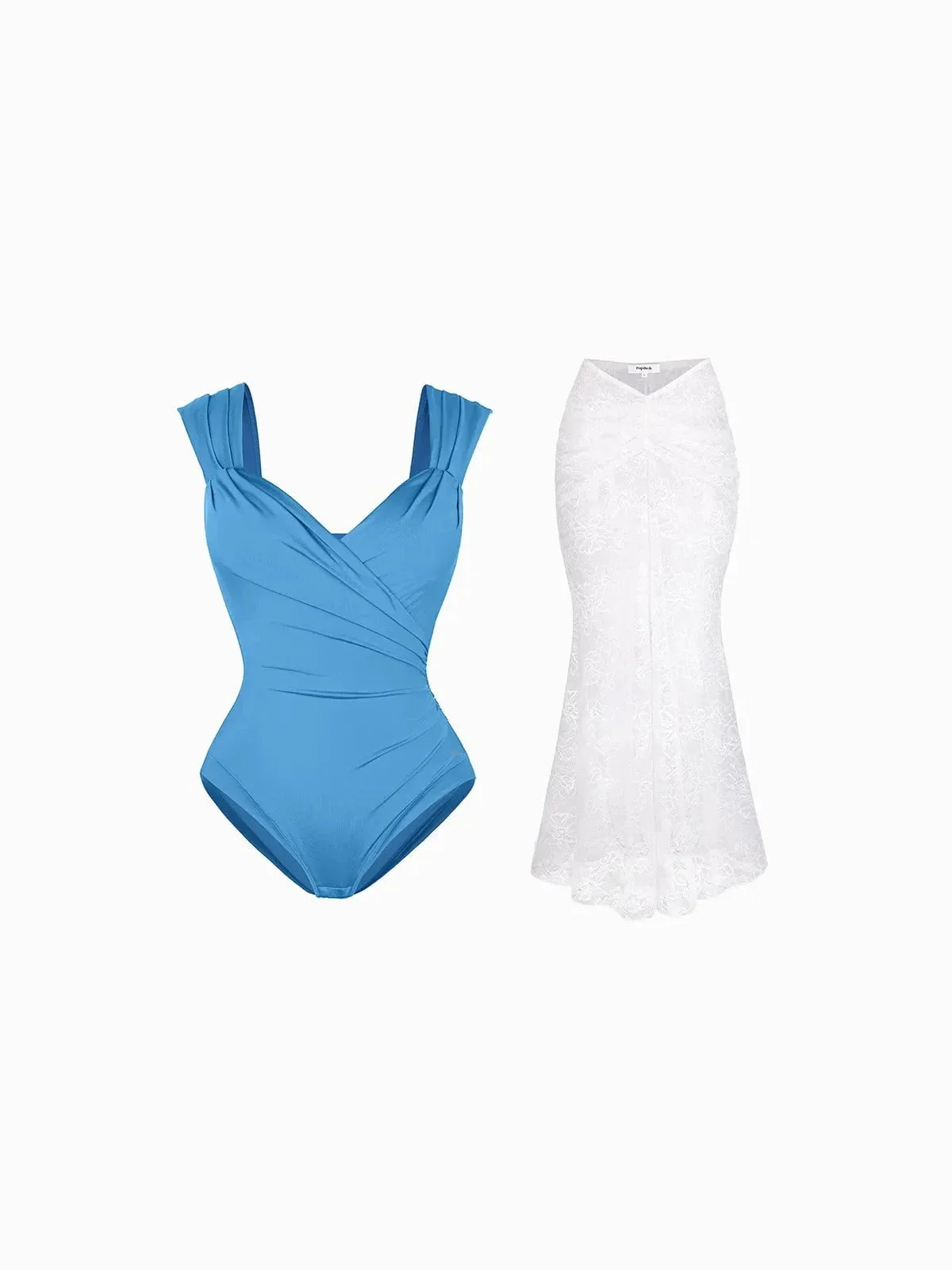 Shapewear Cap Sleeve Bodysuit Lace Fishtail Coverup Skirt Set - Image 10
