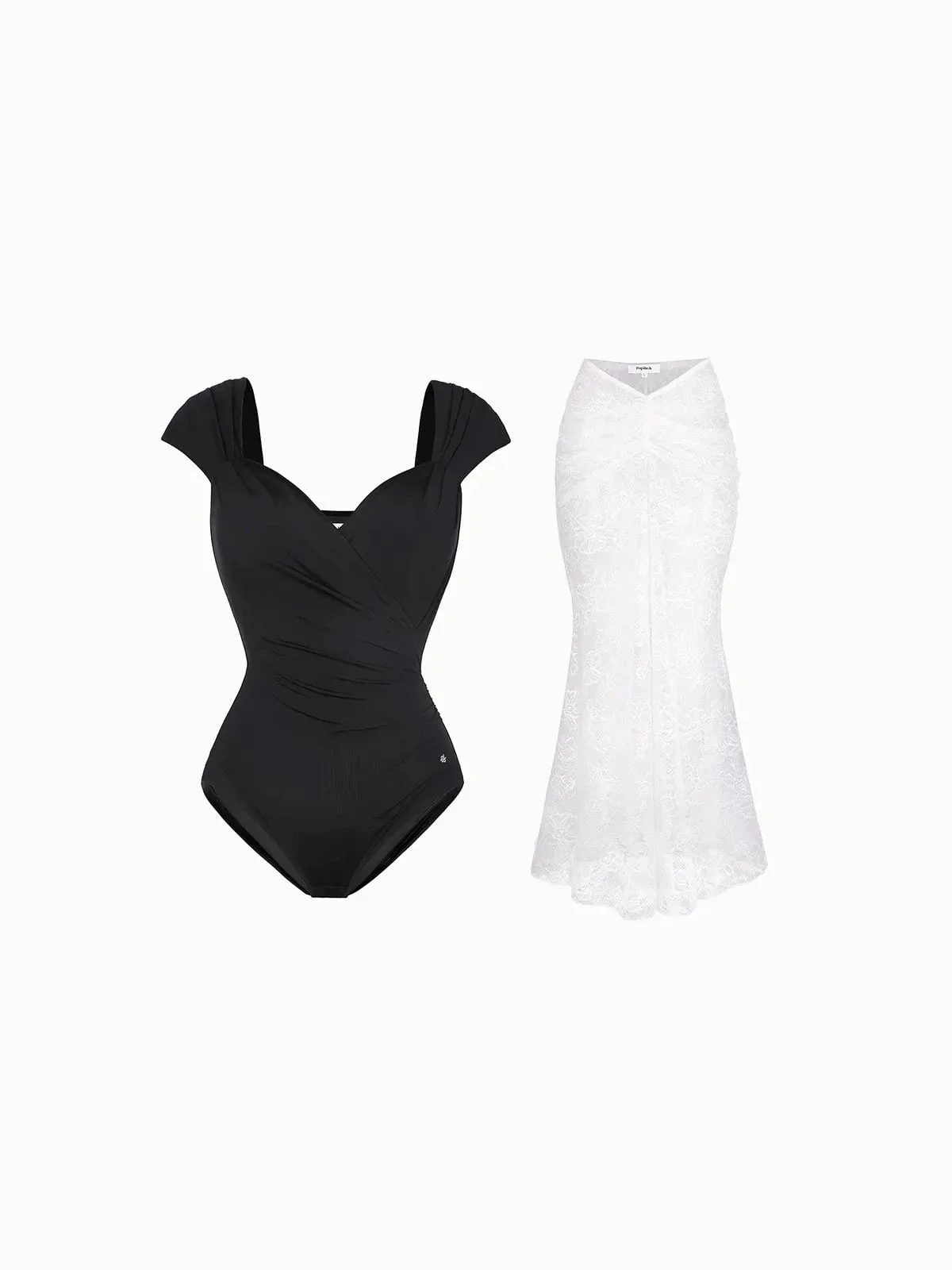 Shapewear Cap Sleeve Bodysuit Lace Fishtail Coverup Skirt Set - Image 13