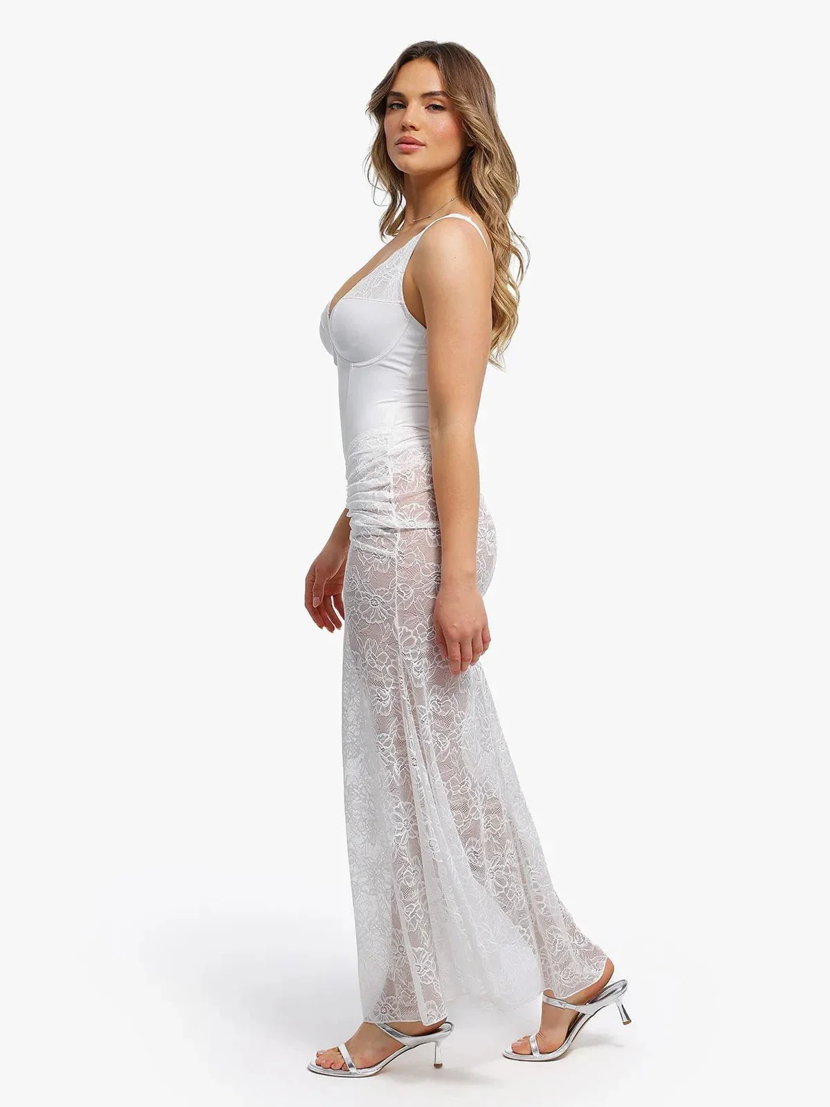 Shapewear Cap Sleeve Bodysuit Lace Fishtail Coverup Skirt Set - Image 2
