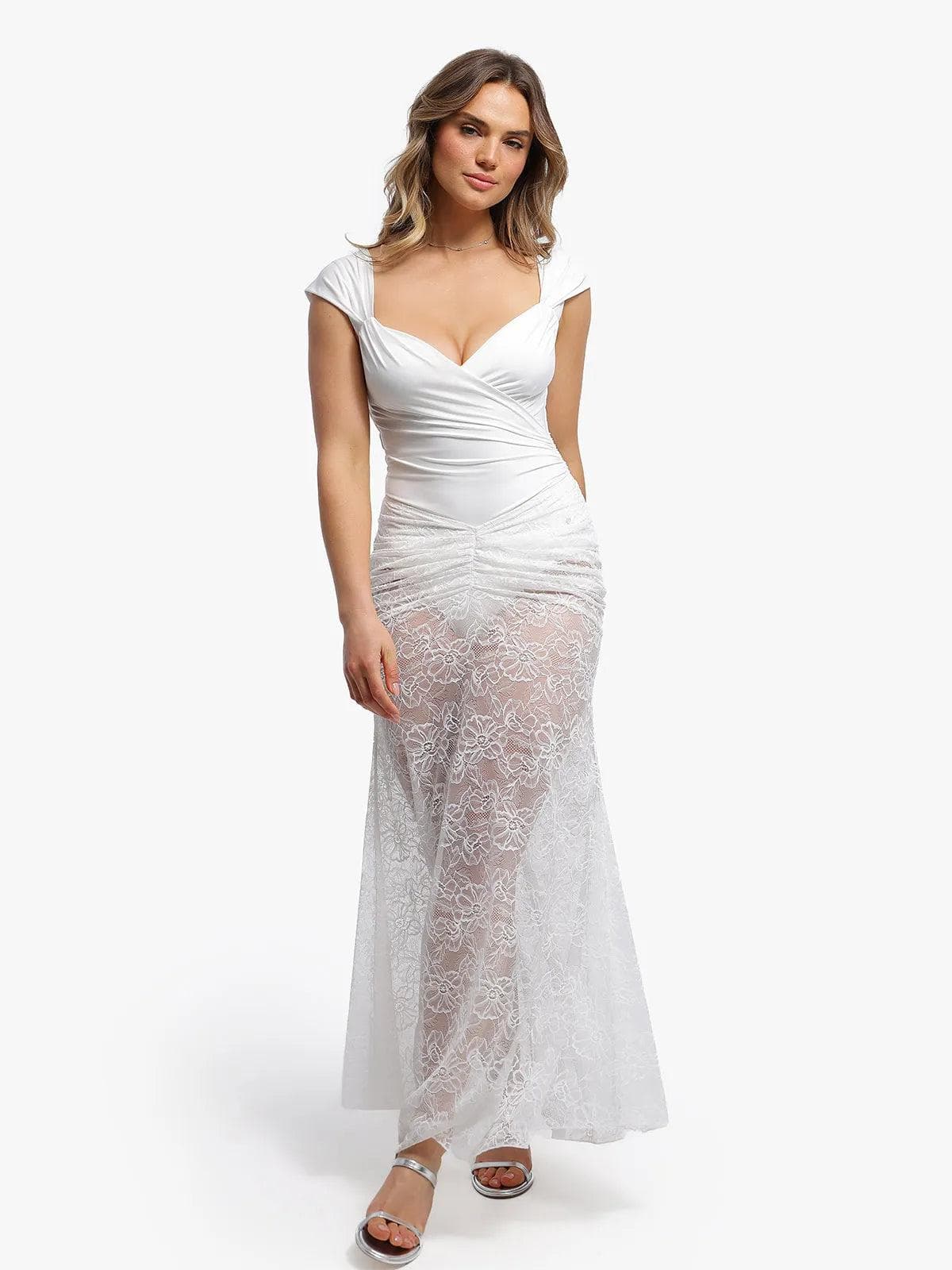 Shapewear Cap Sleeve Bodysuit Lace Fishtail Coverup Skirt Set - Image 35