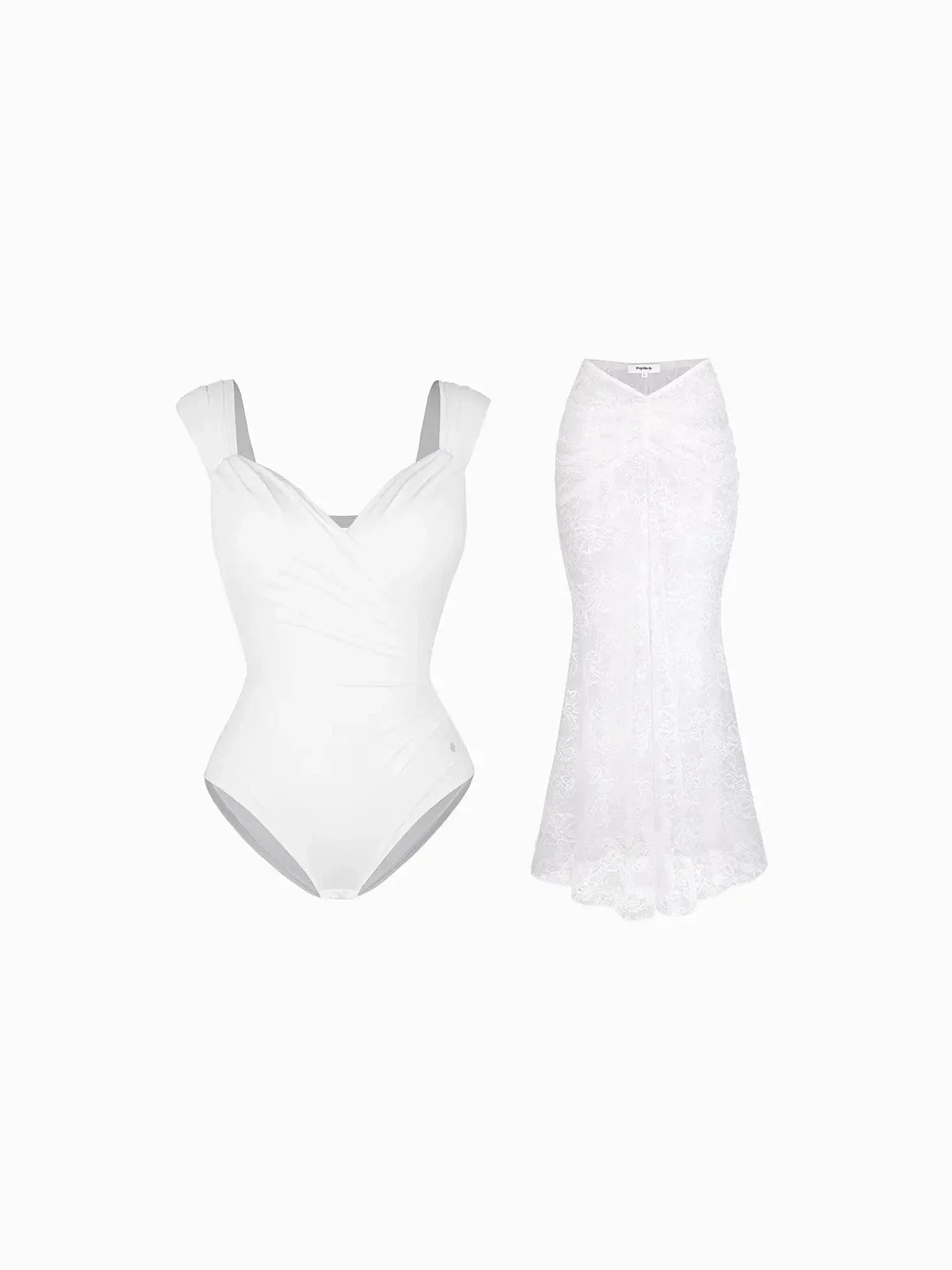 Shapewear Cap Sleeve Bodysuit Lace Fishtail Coverup Skirt Set - Image 5