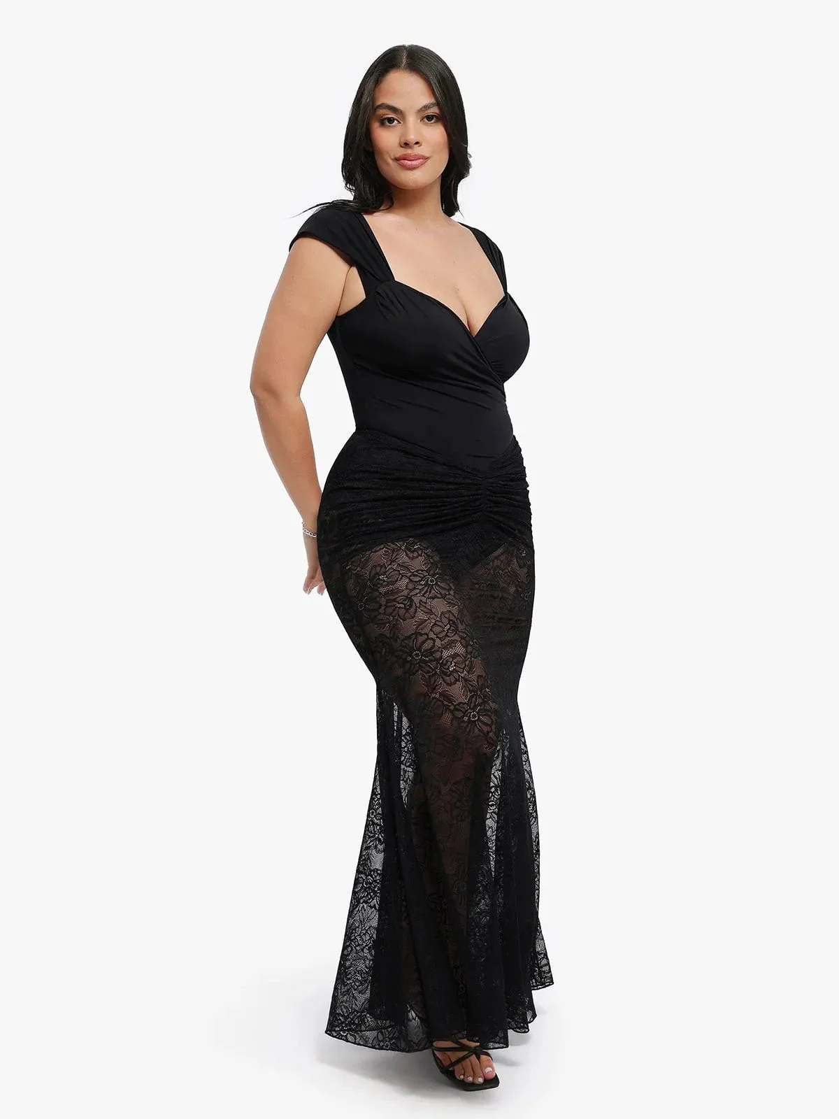 Shapewear Cap Sleeve Bodysuit Lace Fishtail Coverup Skirt Set - Image 7