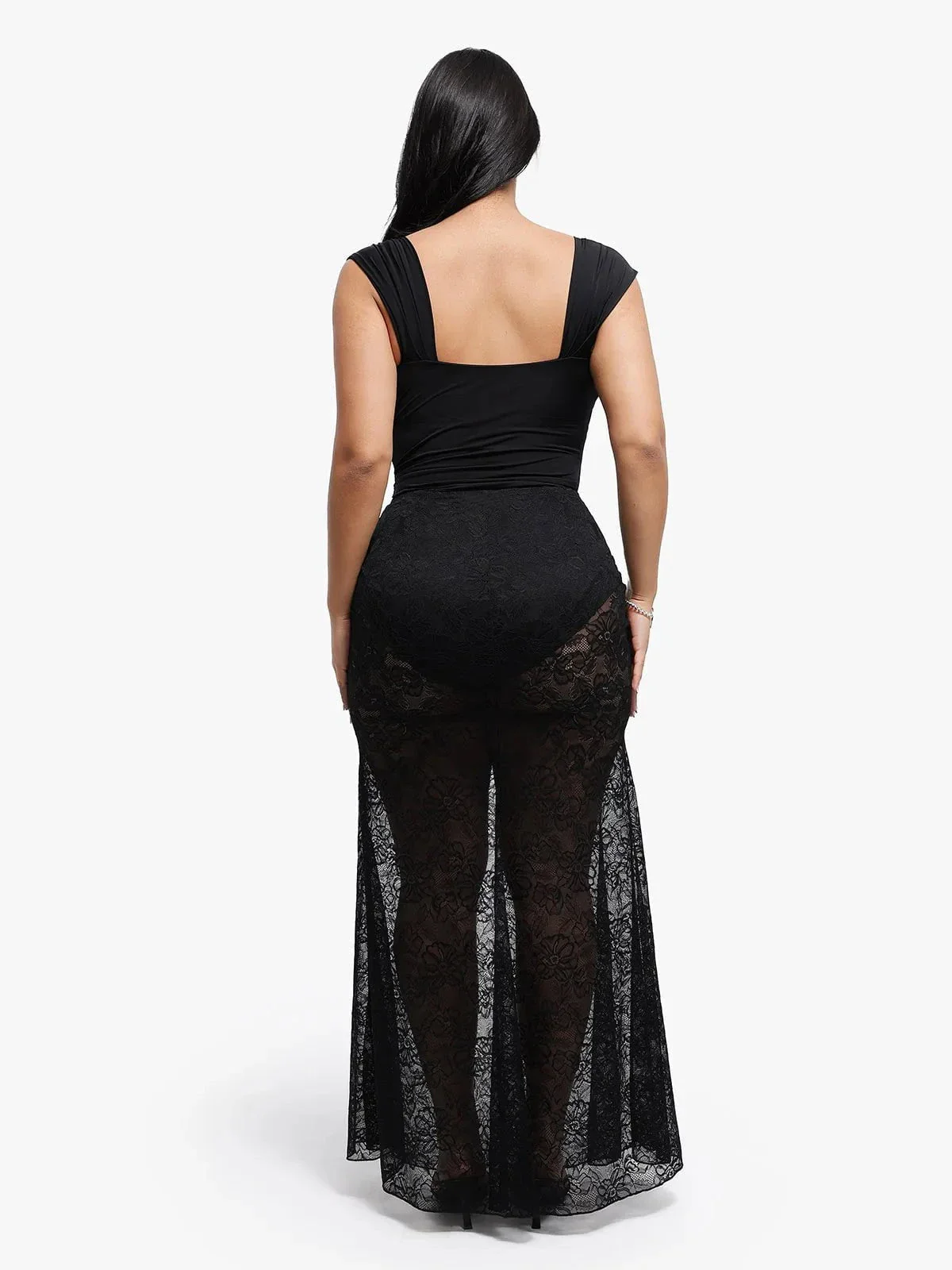 Shapewear Cap Sleeve Bodysuit Lace Fishtail Coverup Skirt Set - Image 8
