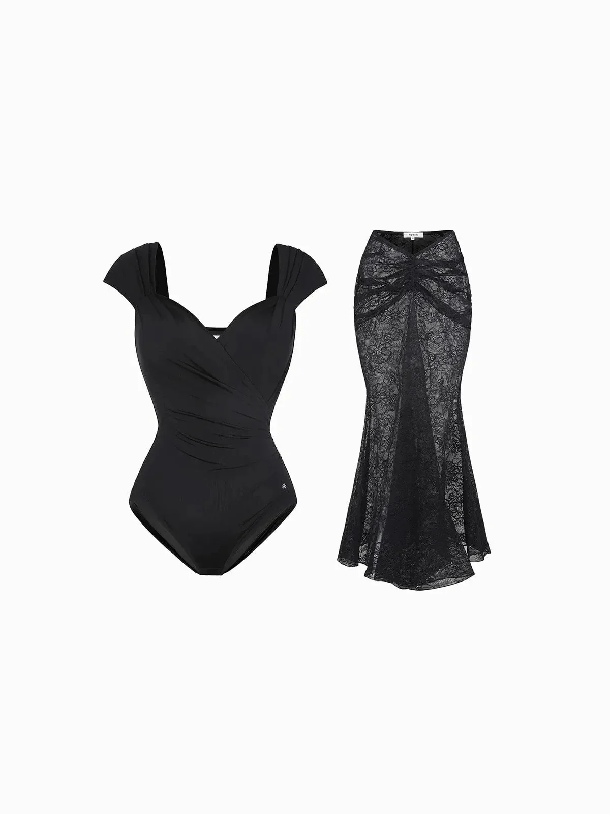 Shapewear Cap Sleeve Bodysuit Lace Fishtail Coverup Skirt Set - Image 9