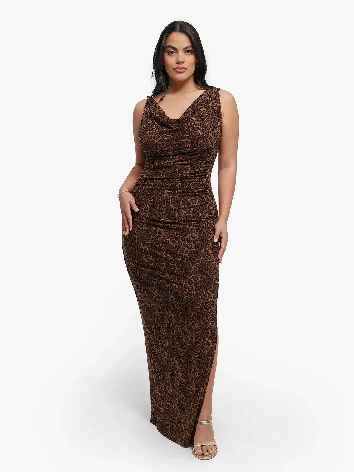 Shapewear Leopard Cowl Neck Ruched Sculpting Maxi Dress - Image 2